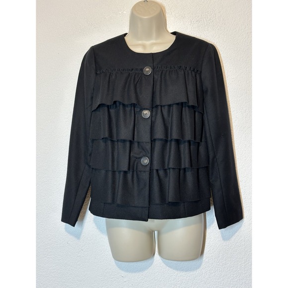 Jackets & Blazers - J. Crew Blazer Jacket Black100% Wool Ruffle Tiered Button Up‎ Lined Size 2 Small